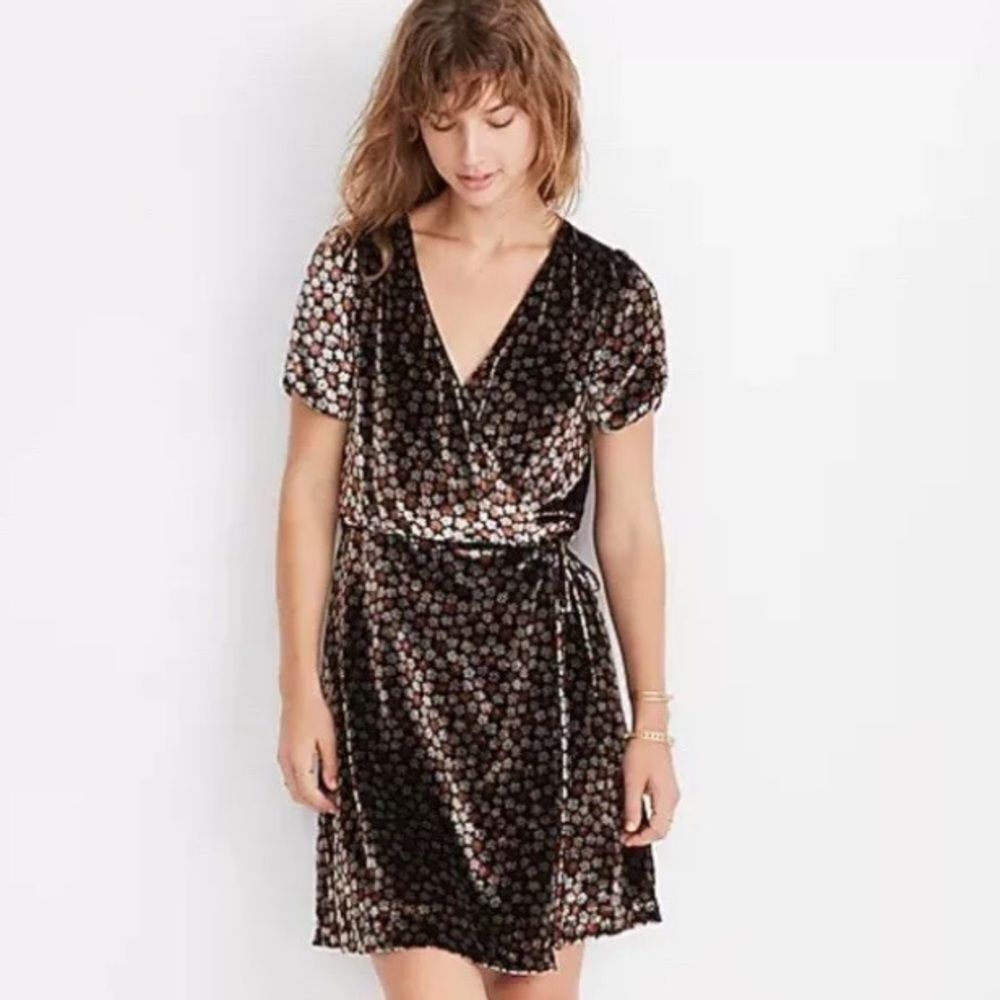 Madewell Black Velvet Polka Dot Wrap Mini Dress